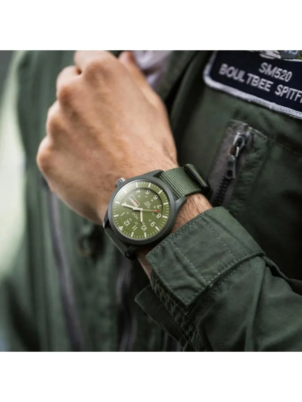 Men's Military Field Watch - Tactical Waterproof Analog, 12/24H, Green Nylon